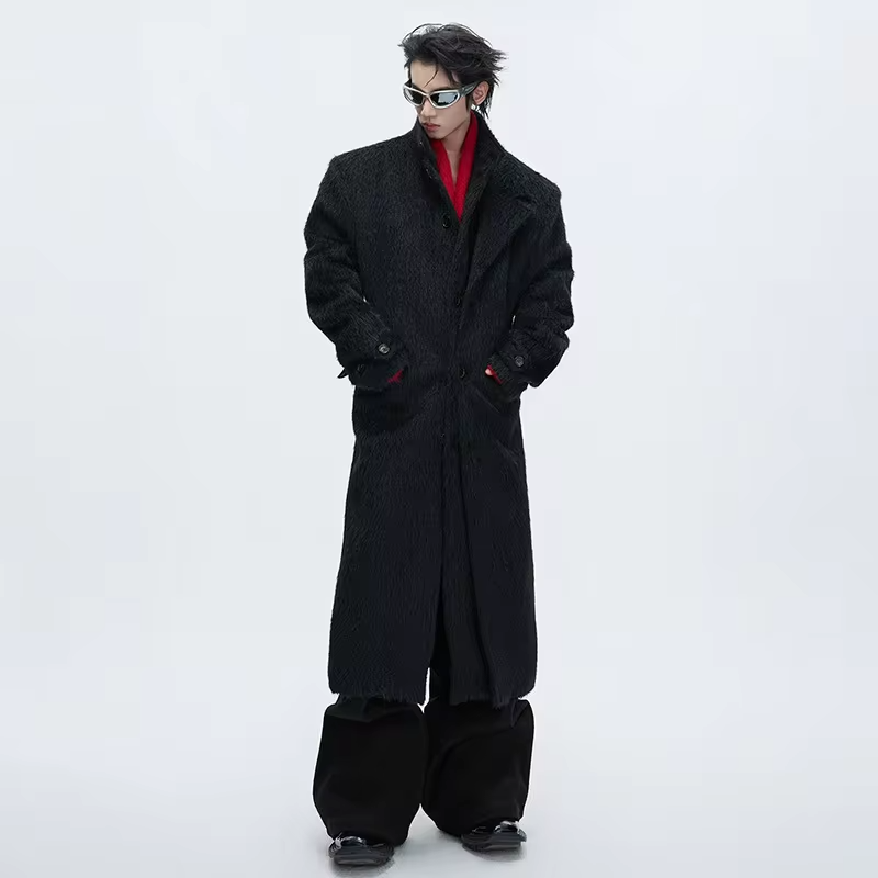 LUZHEN 2025 Winter New Double Layer Fake Two Piece Design Woolen Windbreaker Coat Men Elegant Knee-length Trench Clothes