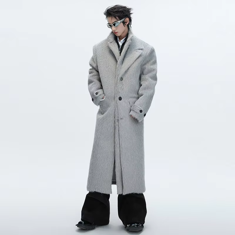 LUZHEN 2025 Winter New Double Layer Fake Two Piece Design Woolen Windbreaker Coat Men Elegant Knee-length Trench Clothes