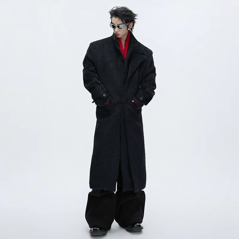 LUZHEN 2025 Winter New Double Layer Fake Two Piece Design Woolen Windbreaker Coat Men Elegant Knee-length Trench Clothes