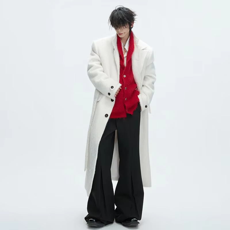 LUZHEN 2025 Winter New Double Layer Fake Two Piece Design Woolen Windbreaker Coat Men Elegant Knee-length Trench Clothes