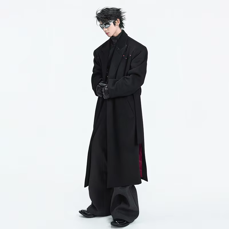 LUZHEN 2025 Winter New Stylish Diamond Patchwork Decorate Belt Woolen Windbreaker Coat Men's Elegant Temperament Trench