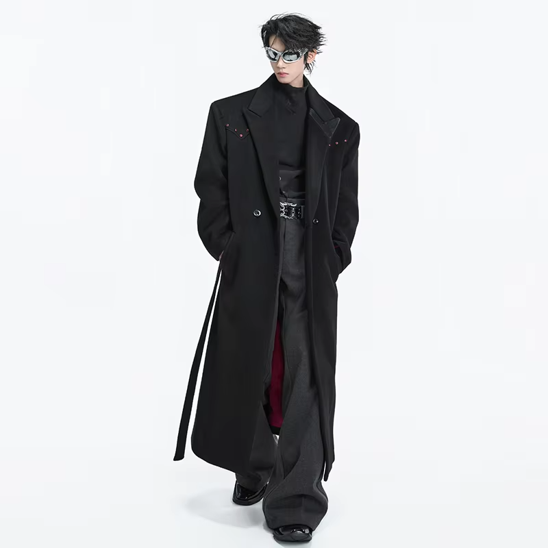 LUZHEN 2025 Winter New Stylish Diamond Patchwork Decorate Belt Woolen Windbreaker Coat Men's Elegant Temperament Trench