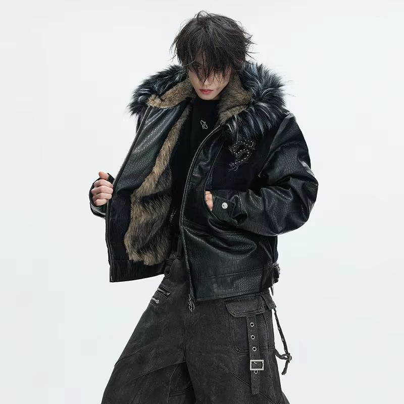 LUZHEN 2025 Winter Embroidery Pattern Patchwork Design Thickened Warm Hooded Padded Coat Men's Fur Leather Parka Jacket