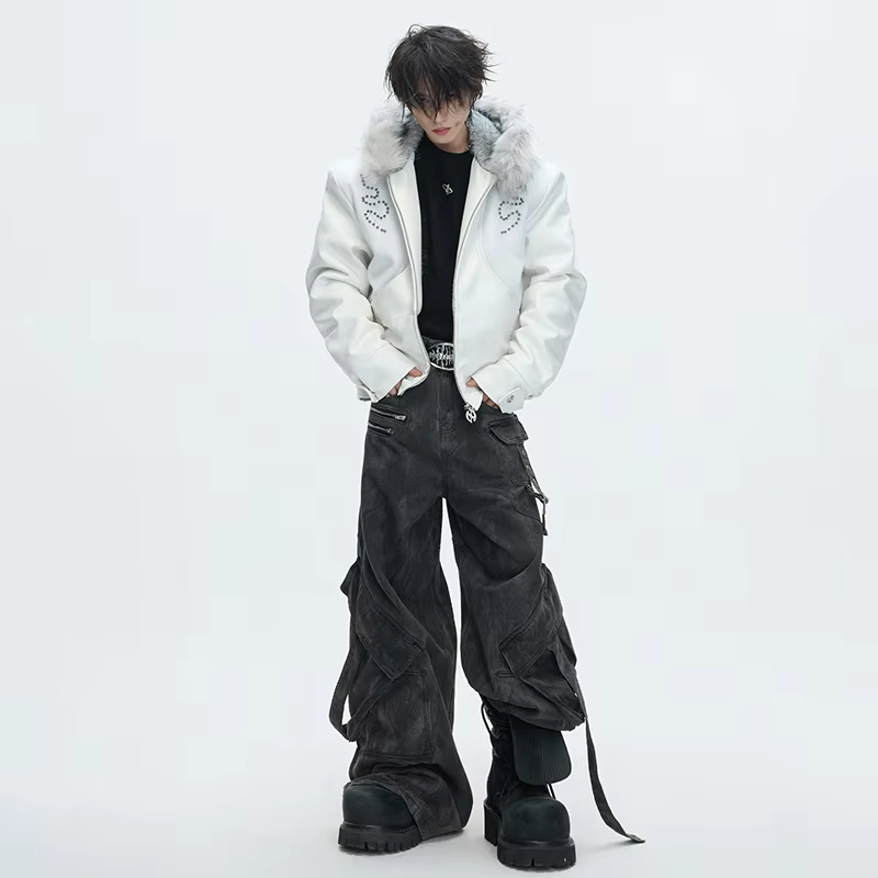 LUZHEN 2025 Winter Embroidery Pattern Patchwork Design Thickened Warm Hooded Padded Coat Men's Fur Leather Parka Jacket
