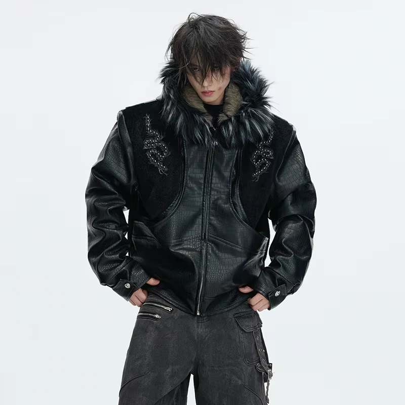 LUZHEN 2025 Winter Embroidery Pattern Patchwork Design Thickened Warm Hooded Padded Coat Men's Fur Leather Parka Jacket