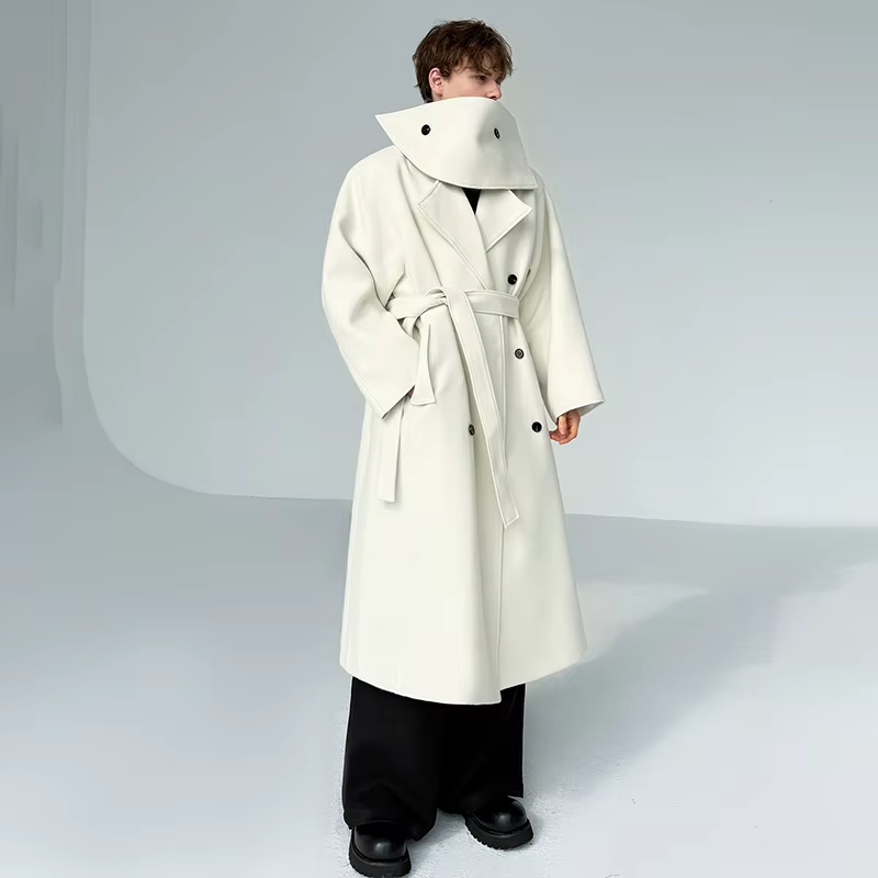 LUZHEN 2025 New Elegant Temperament Scarf Splicing Decorate Knee-length Woolen Windbreaker Coat Men's Fashion Male Trench