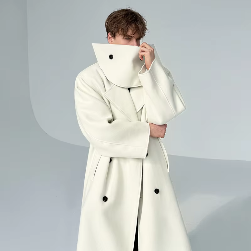 LUZHEN 2025 New Elegant Temperament Scarf Splicing Decorate Knee-length Woolen Windbreaker Coat Men's Fashion Male Trench