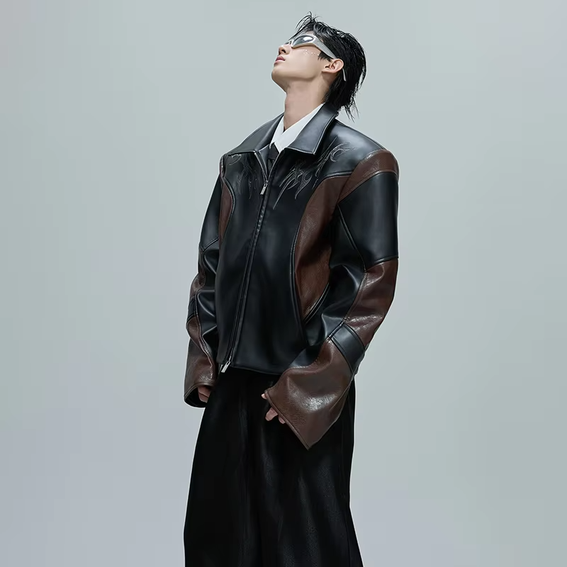 LUZHEN Color Contrast Splicing Design Leather Jacket Men's Autumn 2025 New Fashion Pattern Embroidery High Quality Coat