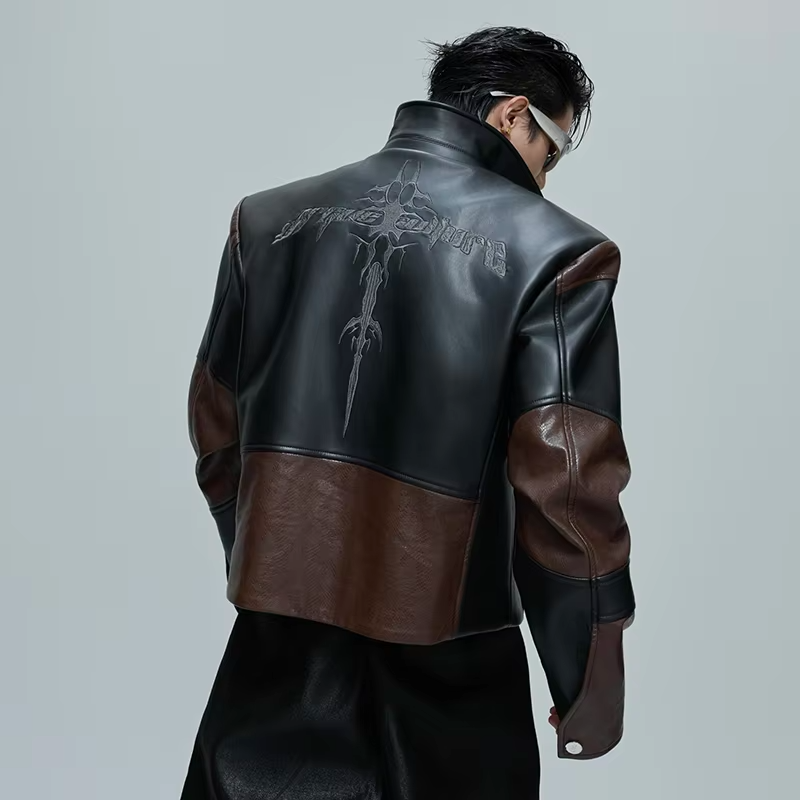 LUZHEN Color Contrast Splicing Design Leather Jacket Men's Autumn 2025 New Fashion Pattern Embroidery High Quality Coat