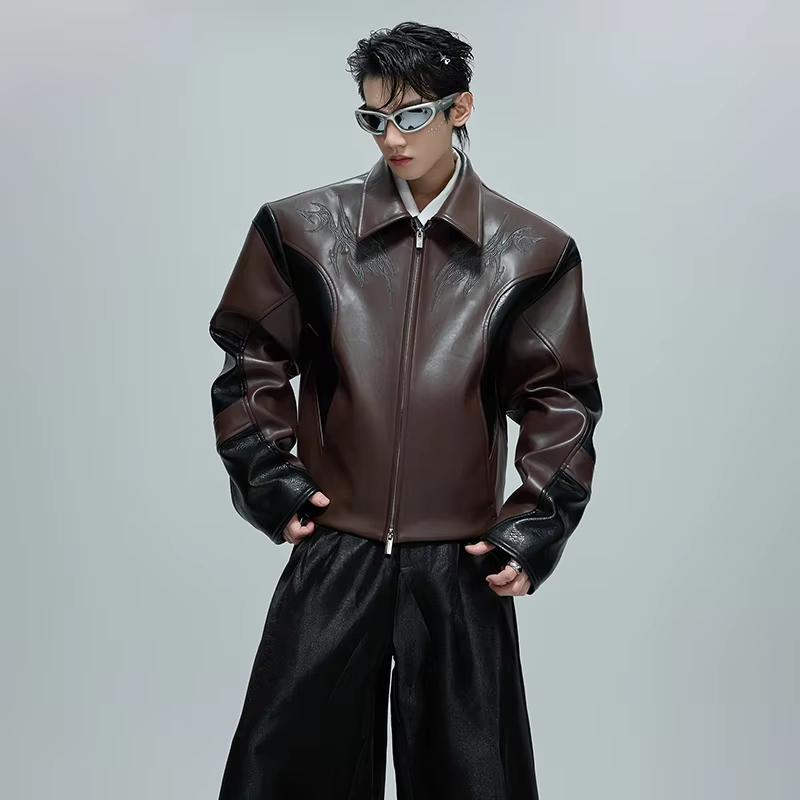 LUZHEN Color Contrast Splicing Design Leather Jacket Men's Autumn 2025 New Fashion Pattern Embroidery High Quality Coat