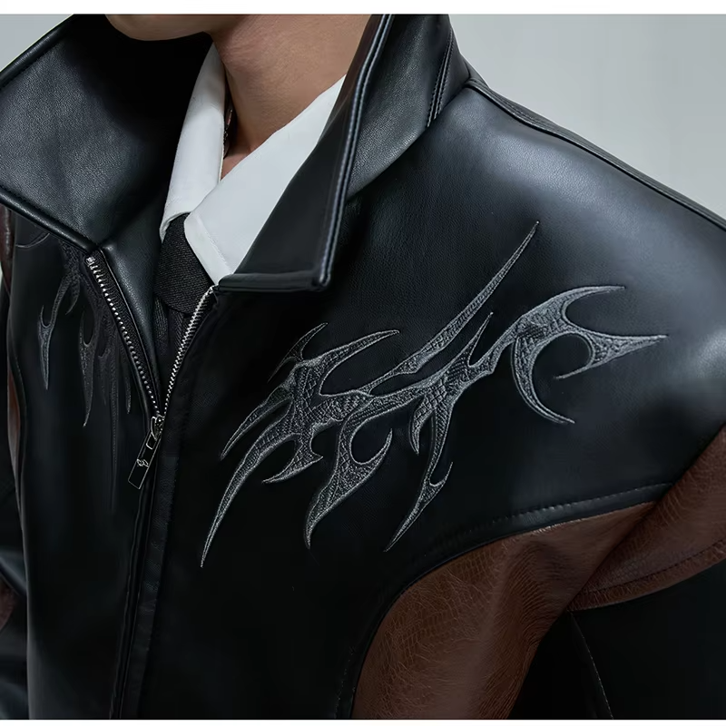LUZHEN Color Contrast Splicing Design Leather Jacket Men's Autumn 2025 New Fashion Pattern Embroidery High Quality Coat
