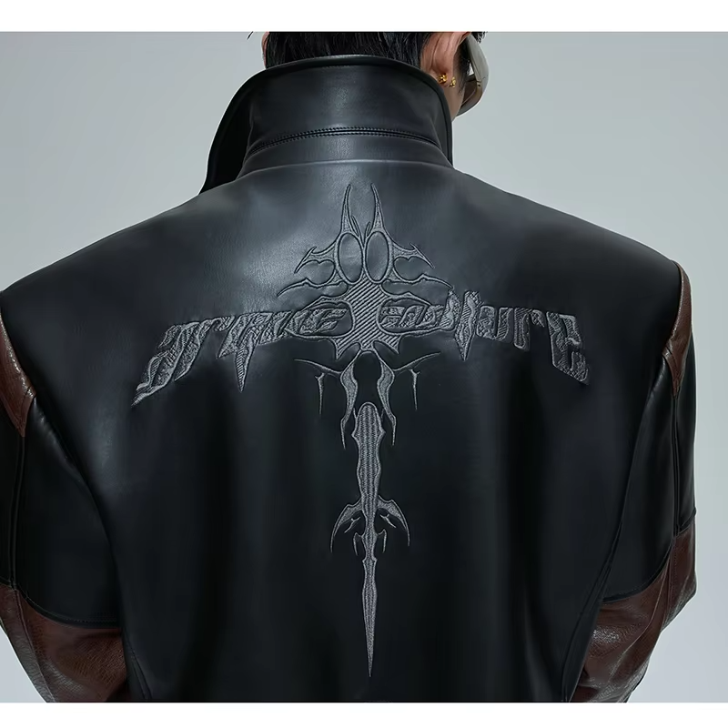 LUZHEN Color Contrast Splicing Design Leather Jacket Men's Autumn 2025 New Fashion Pattern Embroidery High Quality Coat
