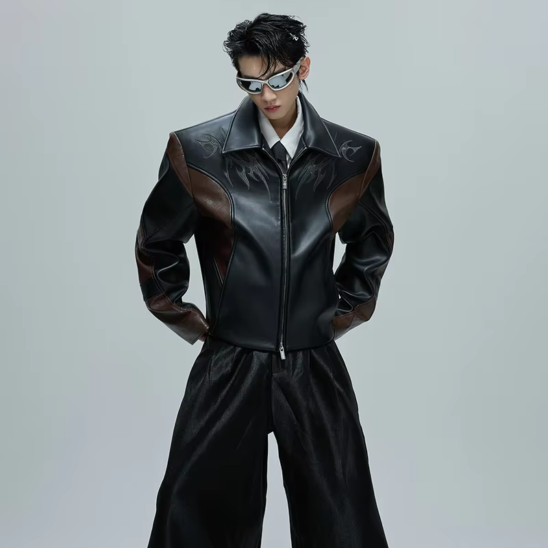 LUZHEN Color Contrast Splicing Design Leather Jacket Men's Autumn 2025 New Fashion Pattern Embroidery High Quality Coat