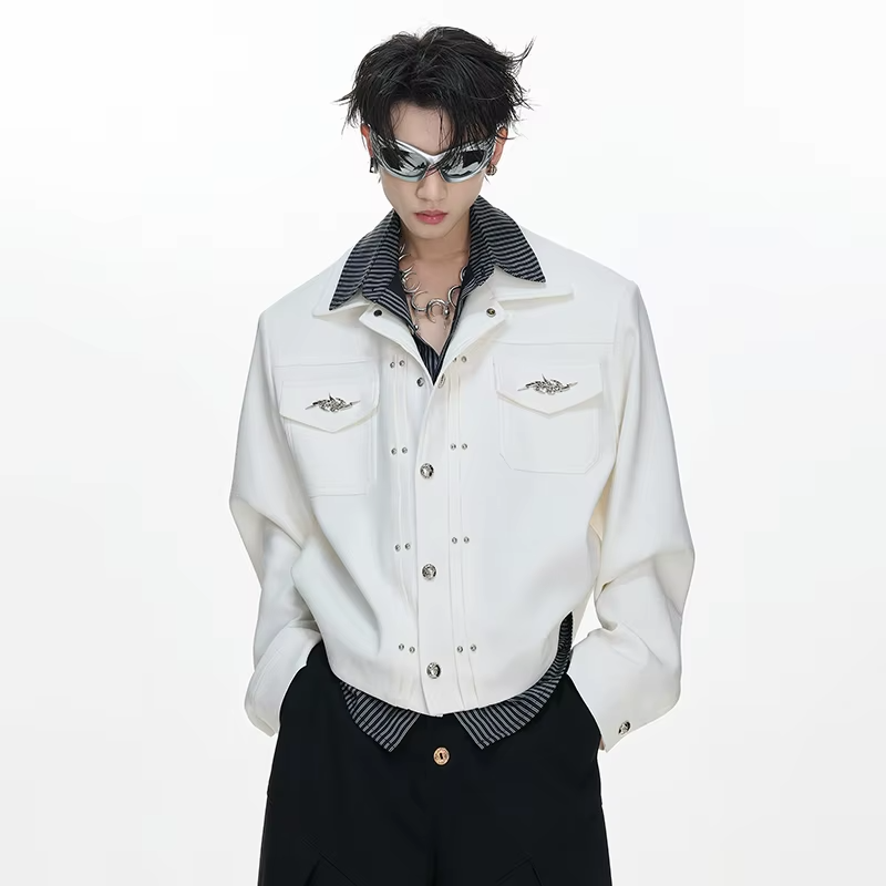 LUZHEN 2026 Spring New Trendy Logo Patchwork Pleated Design Rivet Metal Decorate Casual Jacket Men Fashion Handsome Coat