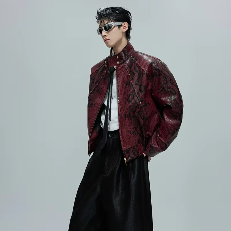 LUZHEN Niche Design Diamond Patchwork Snake Pattern Leather Jacket Men's Fashion 2025 Autumn New High Quality Male Coat