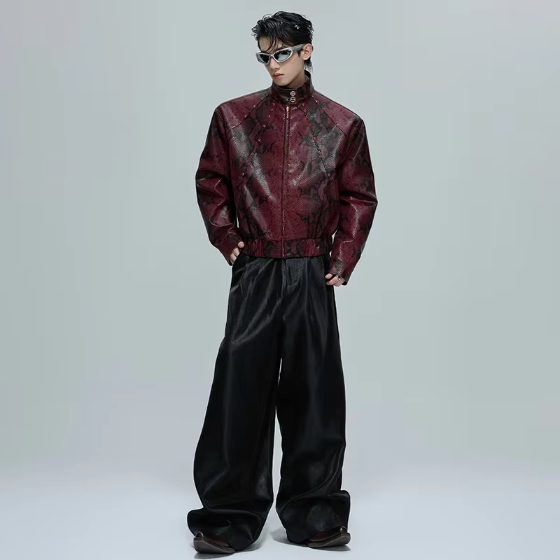 LUZHEN Niche Design Diamond Patchwork Snake Pattern Leather Jacket Men's Fashion 2025 Autumn New High Quality Male Coat