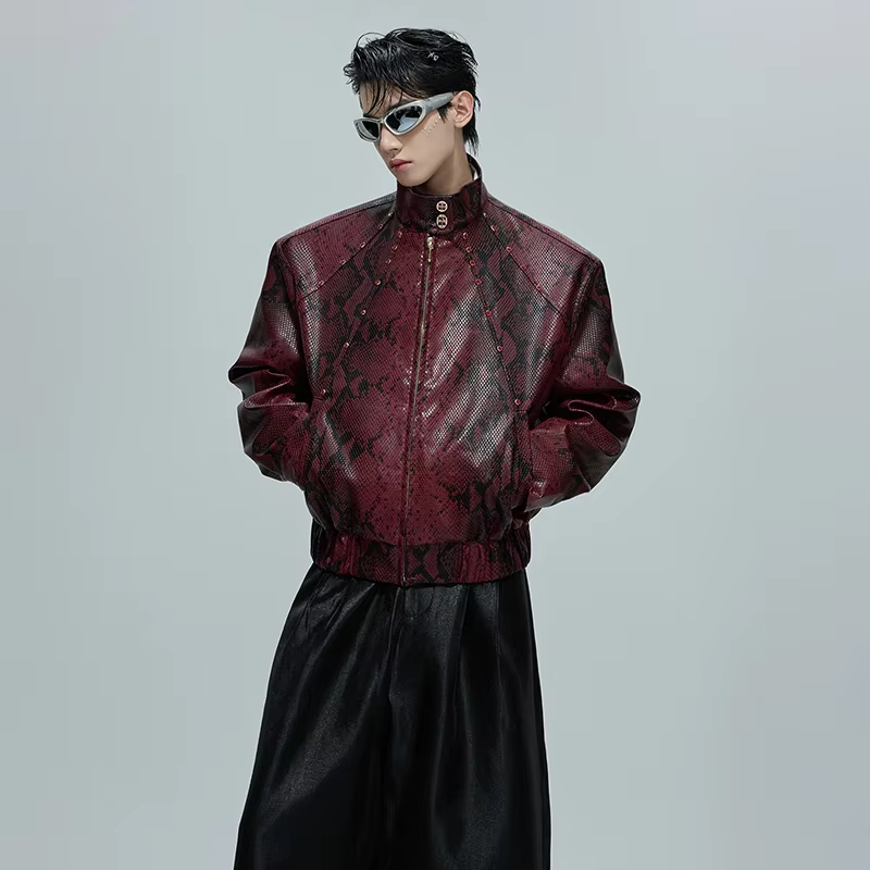 LUZHEN Niche Design Diamond Patchwork Snake Pattern Leather Jacket Men's Fashion 2025 Autumn New High Quality Male Coat