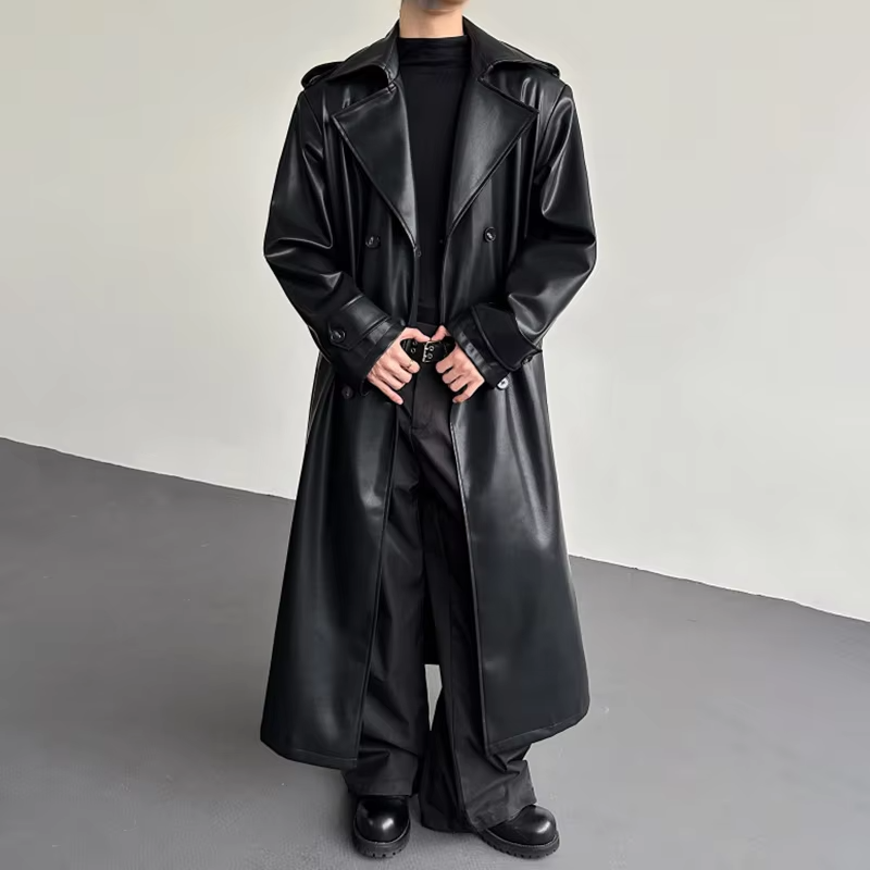 LUZHEN 2026 New Luxury Elegant High Quality Knee-length Windbreaker Leather Coat Men Fashion Handsome Casual Male Trench