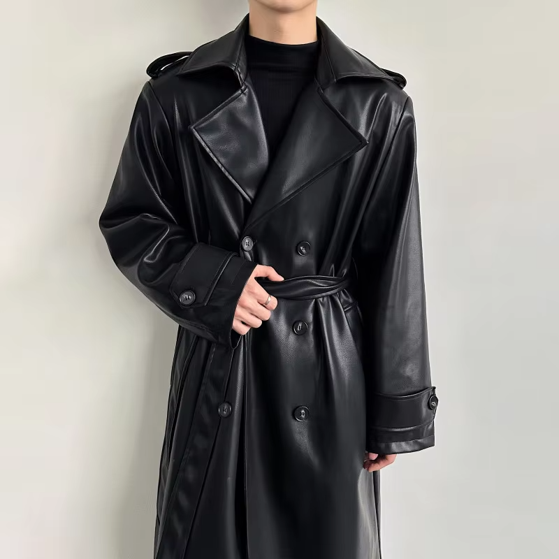 LUZHEN 2026 New Luxury Elegant High Quality Knee-length Windbreaker Leather Coat Men Fashion Handsome Casual Male Trench