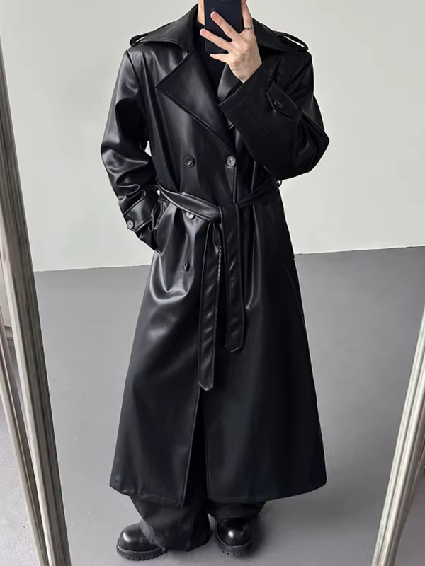 LUZHEN 2026 New Luxury Elegant High Quality Knee-length Windbreaker Leather Coat Men Fashion Handsome Casual Male Trench