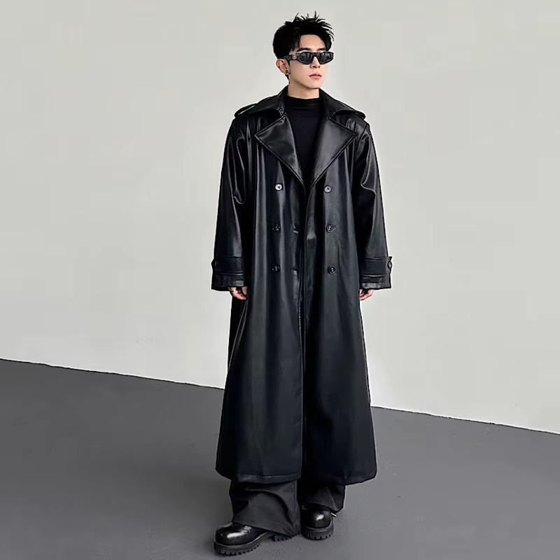 LUZHEN 2026 New Luxury Elegant High Quality Knee-length Windbreaker Leather Coat Men Fashion Handsome Casual Male Trench