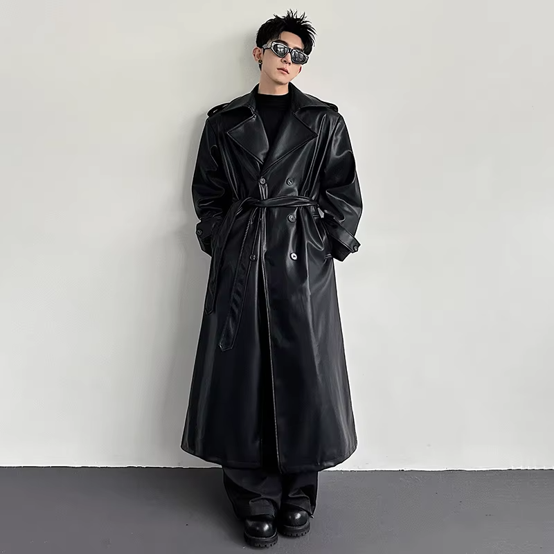 LUZHEN 2026 New Luxury Elegant High Quality Knee-length Windbreaker Leather Coat Men Fashion Handsome Casual Male Trench