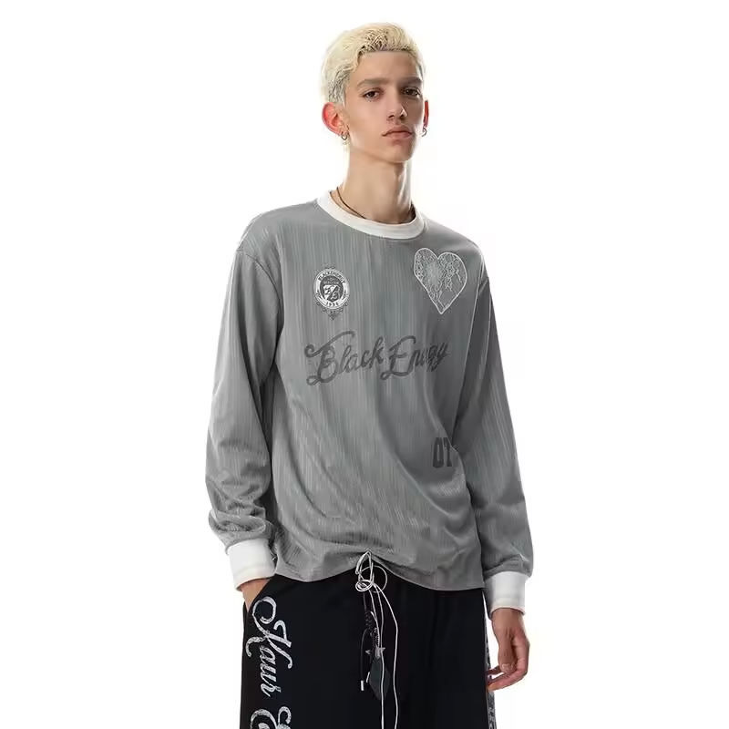 LUZHEN 2026 New Letter Printed Splicing Round Neck Stripe T-shirts Men's Fashion Handsome Casual Long Sleeve Male Clothes