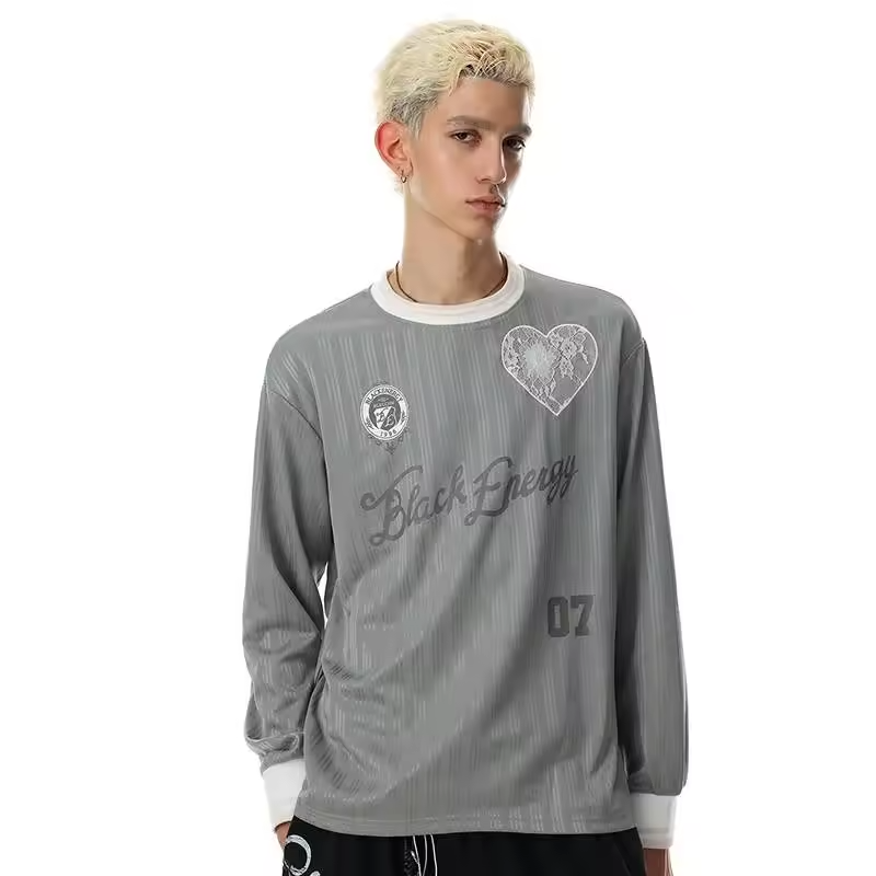 LUZHEN 2026 New Letter Printed Splicing Round Neck Stripe T-shirts Men's Fashion Handsome Casual Long Sleeve Male Clothes