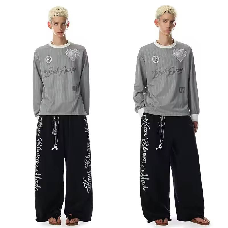 LUZHEN 2026 New Letter Printed Splicing Round Neck Stripe T-shirts Men's Fashion Handsome Casual Long Sleeve Male Clothes