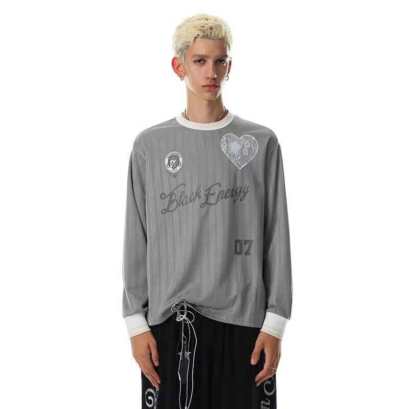 LUZHEN 2026 New Letter Printed Splicing Round Neck Stripe T-shirts Men's Fashion Handsome Casual Long Sleeve Male Clothes