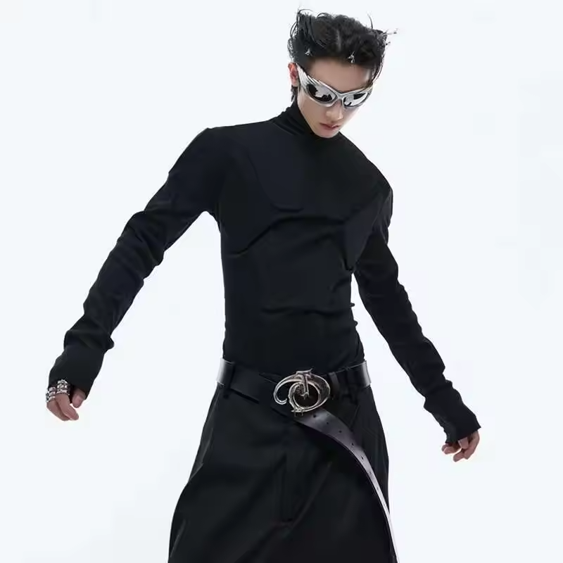 LUZHEN 2025 New Stylish Three Dimensional Design Plain Long Sleeve T Shirts Trendy Streetwear Slim Fit Versatile Men Tops