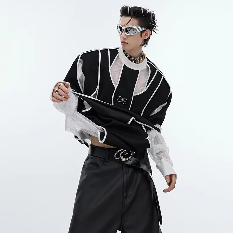 LUZHEN Original Streetwear Men's Color Contrast Patchwork Design Hollow Out Mesh Long Sleeve T-shirts 2025 New Clothes