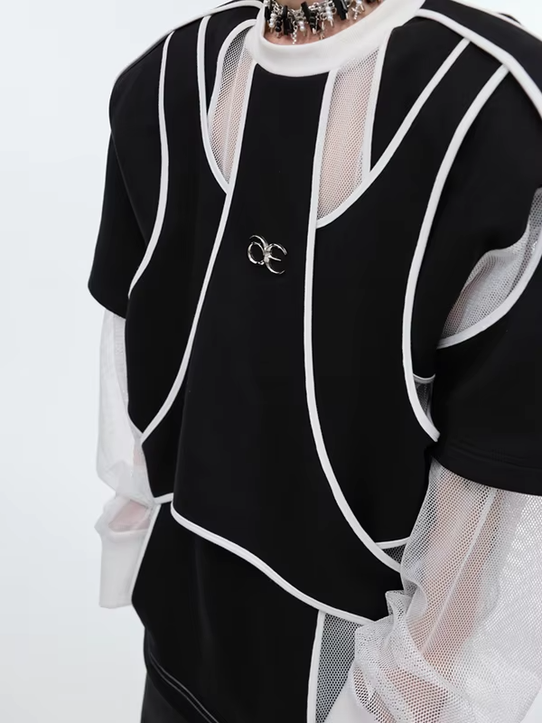 LUZHEN Original Streetwear Men's Color Contrast Patchwork Design Hollow Out Mesh Long Sleeve T-shirts 2025 New Clothes