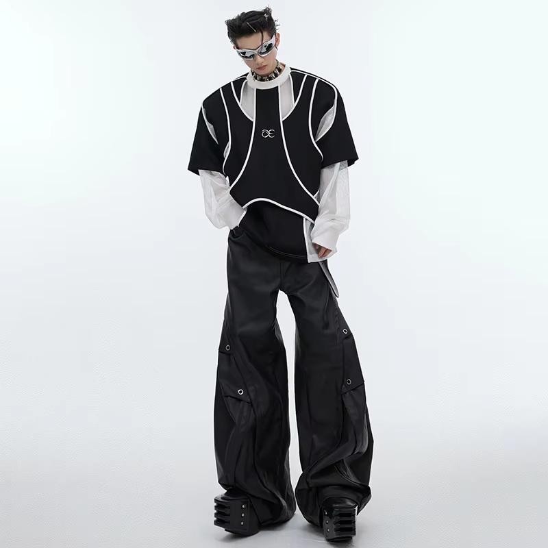 LUZHEN Original Streetwear Men's Color Contrast Patchwork Design Hollow Out Mesh Long Sleeve T-shirts 2025 New Clothes