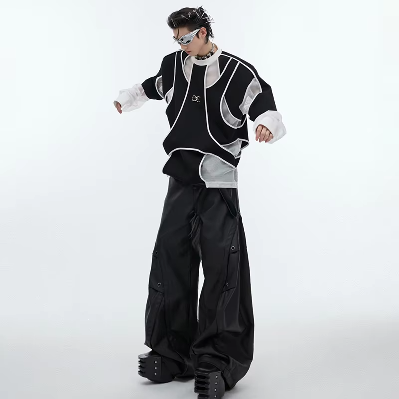 LUZHEN Original Streetwear Men's Color Contrast Patchwork Design Hollow Out Mesh Long Sleeve T-shirts 2025 New Clothes