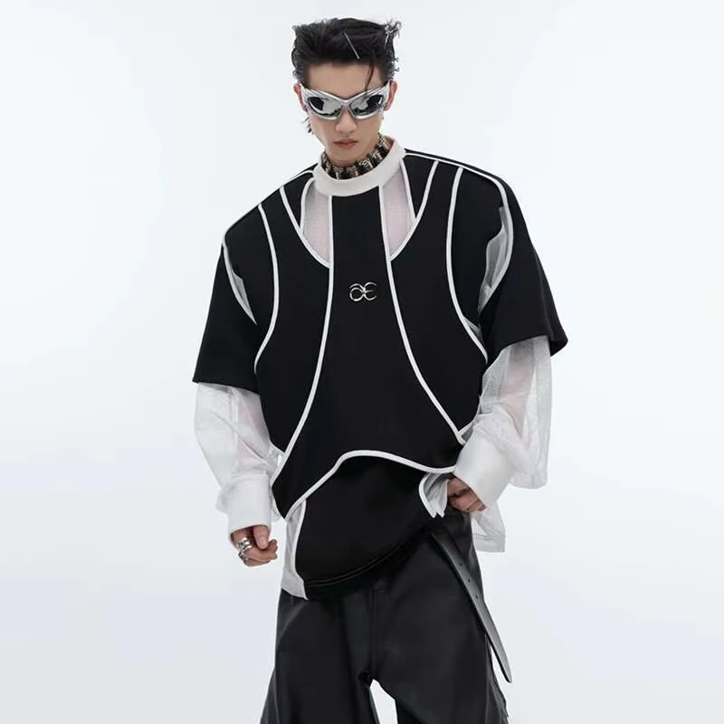 LUZHEN Original Streetwear Men's Color Contrast Patchwork Design Hollow Out Mesh Long Sleeve T-shirts 2025 New Clothes
