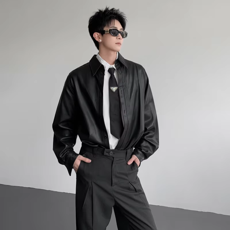 LUZHEN 2025 Autumn New Solid Color Long Sleeve Leather PU Shirts Men's Fashion Elegant Handsome Casual Tops Male Clothes