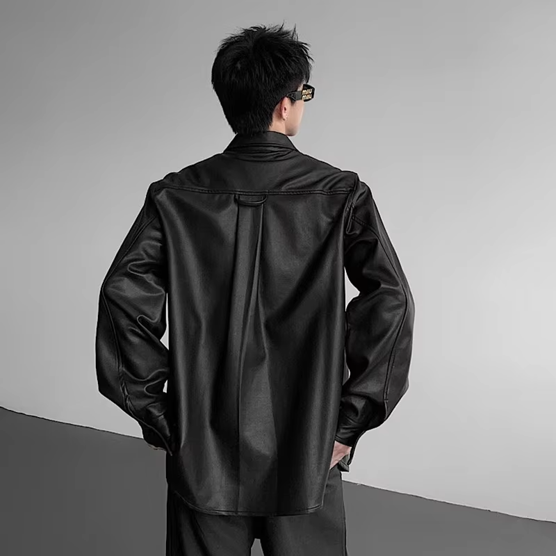 LUZHEN 2025 Autumn New Solid Color Long Sleeve Leather PU Shirts Men's Fashion Elegant Handsome Casual Tops Male Clothes