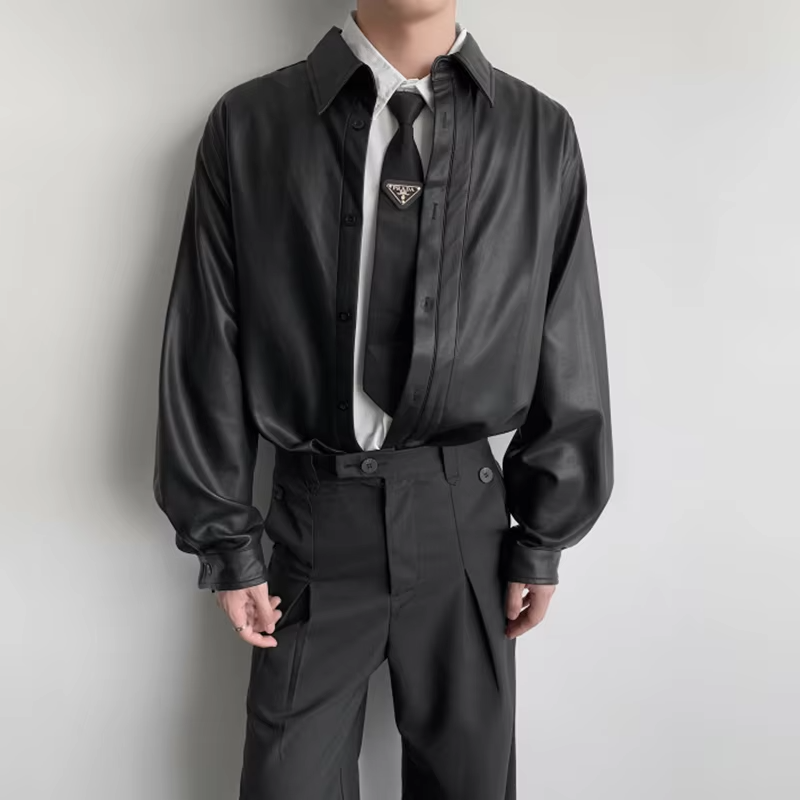 LUZHEN 2025 Autumn New Solid Color Long Sleeve Leather PU Shirts Men's Fashion Elegant Handsome Casual Tops Male Clothes