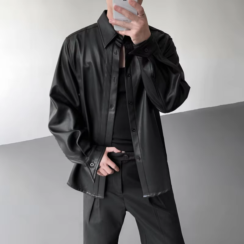 LUZHEN 2025 Autumn New Solid Color Long Sleeve Leather PU Shirts Men's Fashion Elegant Handsome Casual Tops Male Clothes