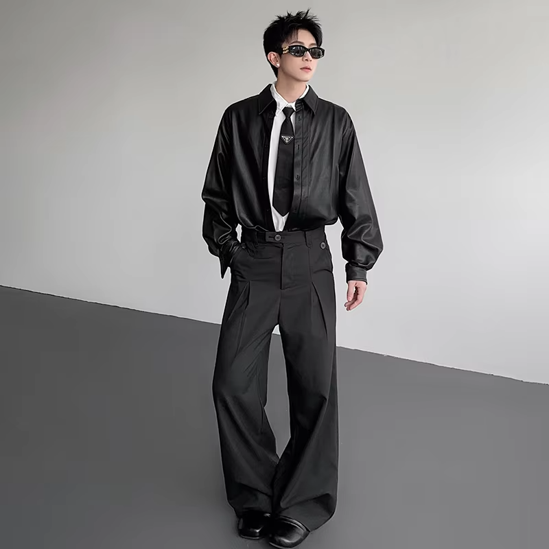 LUZHEN 2025 Autumn New Solid Color Long Sleeve Leather PU Shirts Men's Fashion Elegant Handsome Casual Tops Male Clothes
