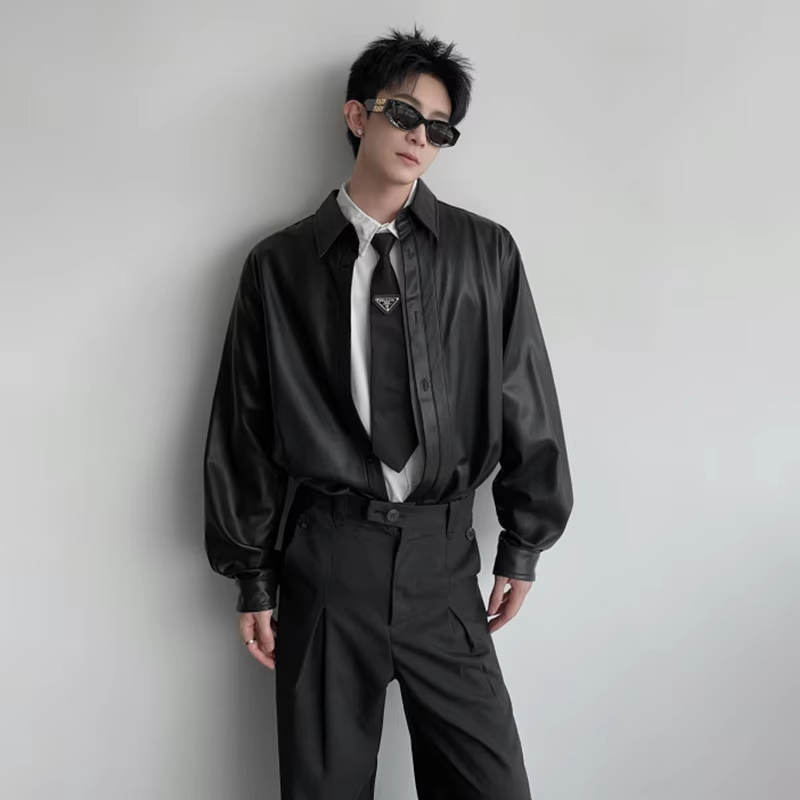 LUZHEN 2025 Autumn New Solid Color Long Sleeve Leather PU Shirts Men's Fashion Elegant Handsome Casual Tops Male Clothes