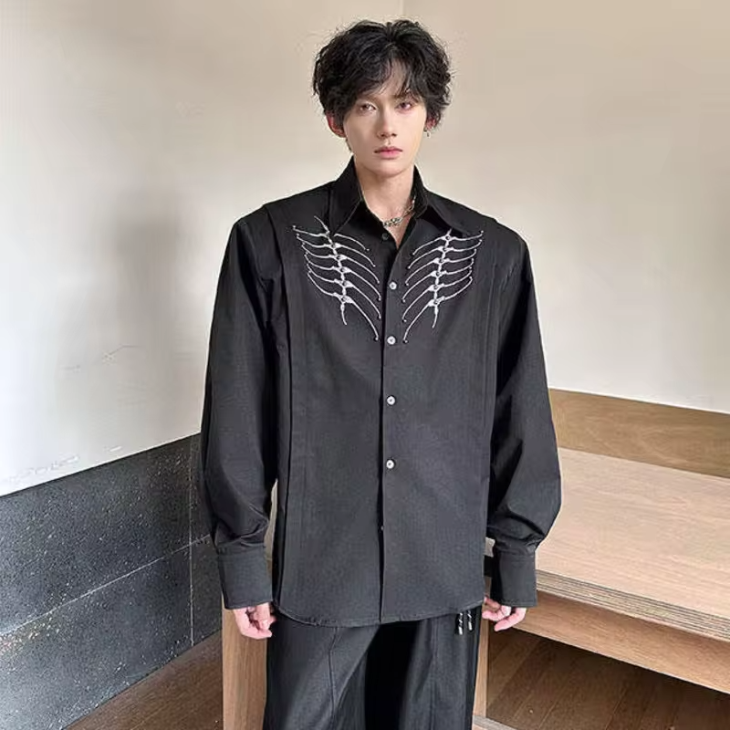 LUZHEN Handsome Embroidery Rivet Metal Patchwork Design Long Sleeve Shirts Men's Fashion 2025 New Shoulder Pad Male Tops