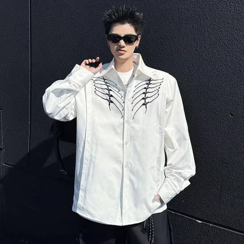 LUZHEN Handsome Embroidery Rivet Metal Patchwork Design Long Sleeve Shirts Men's Fashion 2025 New Shoulder Pad Male Tops