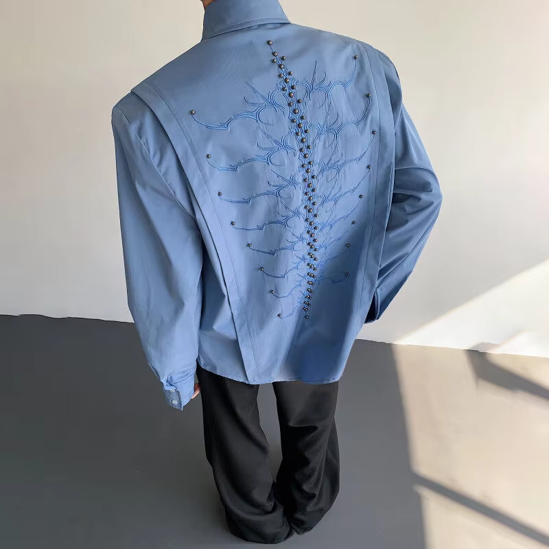 LUZHEN Handsome Embroidery Rivet Metal Patchwork Design Long Sleeve Shirts Men's Fashion 2025 New Shoulder Pad Male Tops
