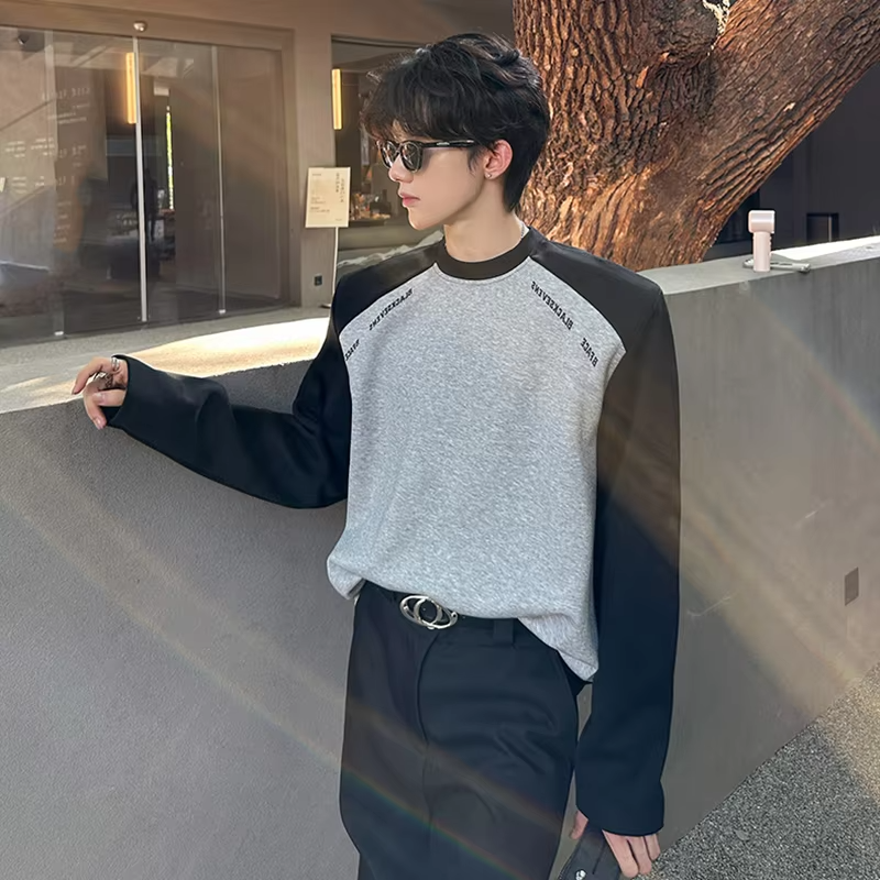 LUZHEN Round Original Handsome Color Neck Contrast Splicing Design T-shirt Men's 2025 Autumn Stylish Shoulder Pad Clothes