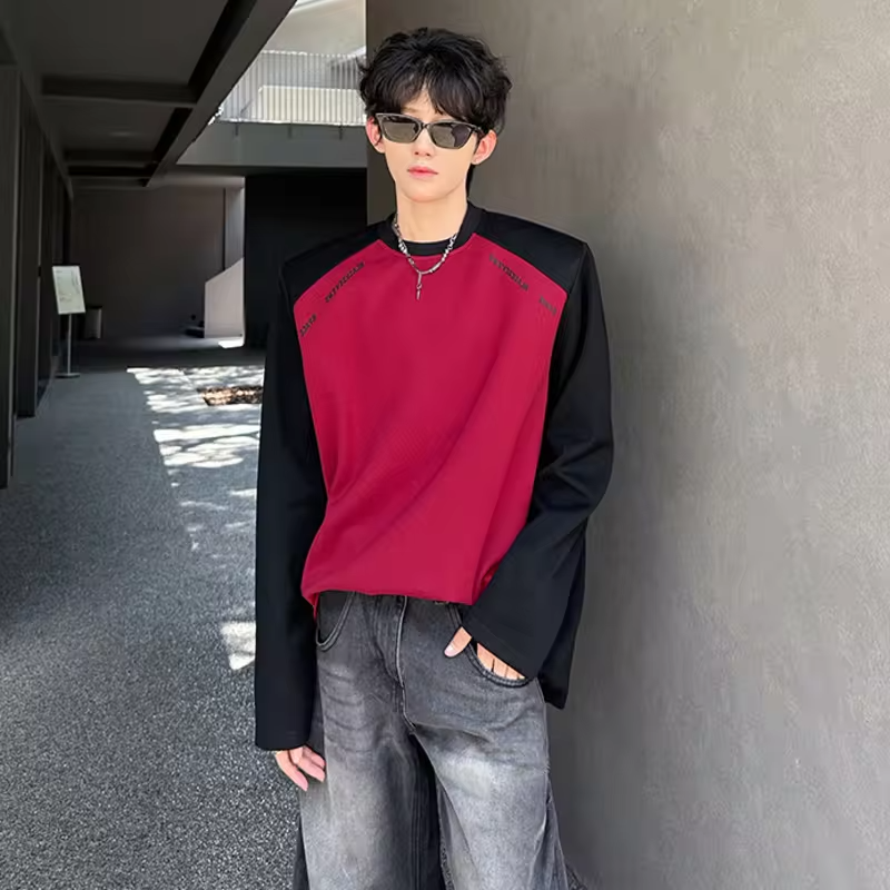 LUZHEN Round Original Handsome Color Neck Contrast Splicing Design T-shirt Men's 2025 Autumn Stylish Shoulder Pad Clothes