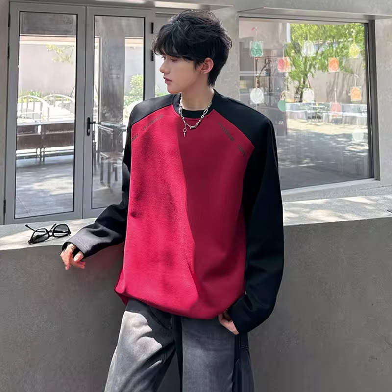 LUZHEN Round Original Handsome Color Neck Contrast Splicing Design T-shirt Men's 2025 Autumn Stylish Shoulder Pad Clothes