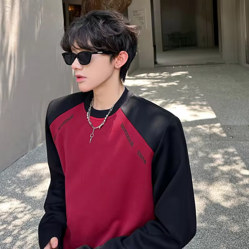 LUZHEN Round Original Handsome Color Neck Contrast Splicing Design T-shirt Men's 2025 Autumn Stylish Shoulder Pad Clothes