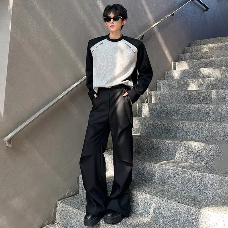 LUZHEN Round Original Handsome Color Neck Contrast Splicing Design T-shirt Men's 2025 Autumn Stylish Shoulder Pad Clothes